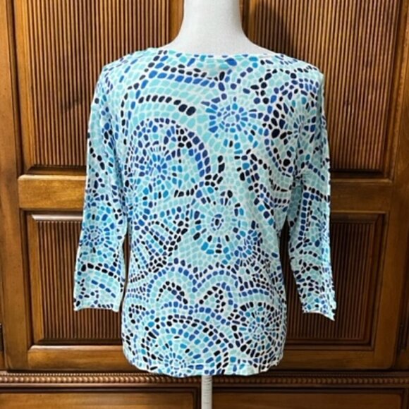 Talbots Petites Blue White Cotton Sweater Lightweight 3/4 Sleeves - Picture 3 of 5